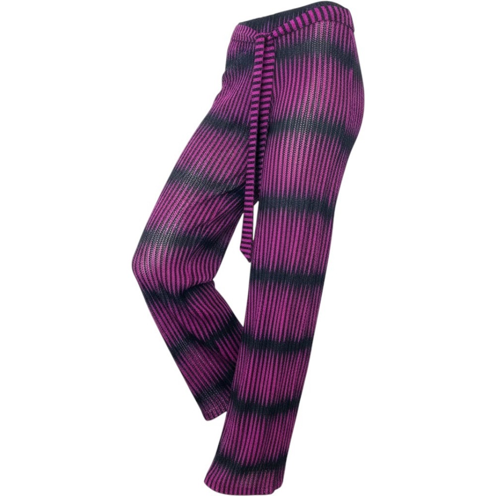 Paradise  Wide Leg Knit Pants Mesh Sheer Boho Beach Cover Up Purple Stripe Small